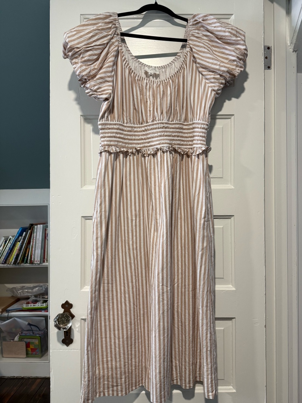 Tuckernuck pomander place Cream and Tan Striped Puff-Sleeve Midi Dress